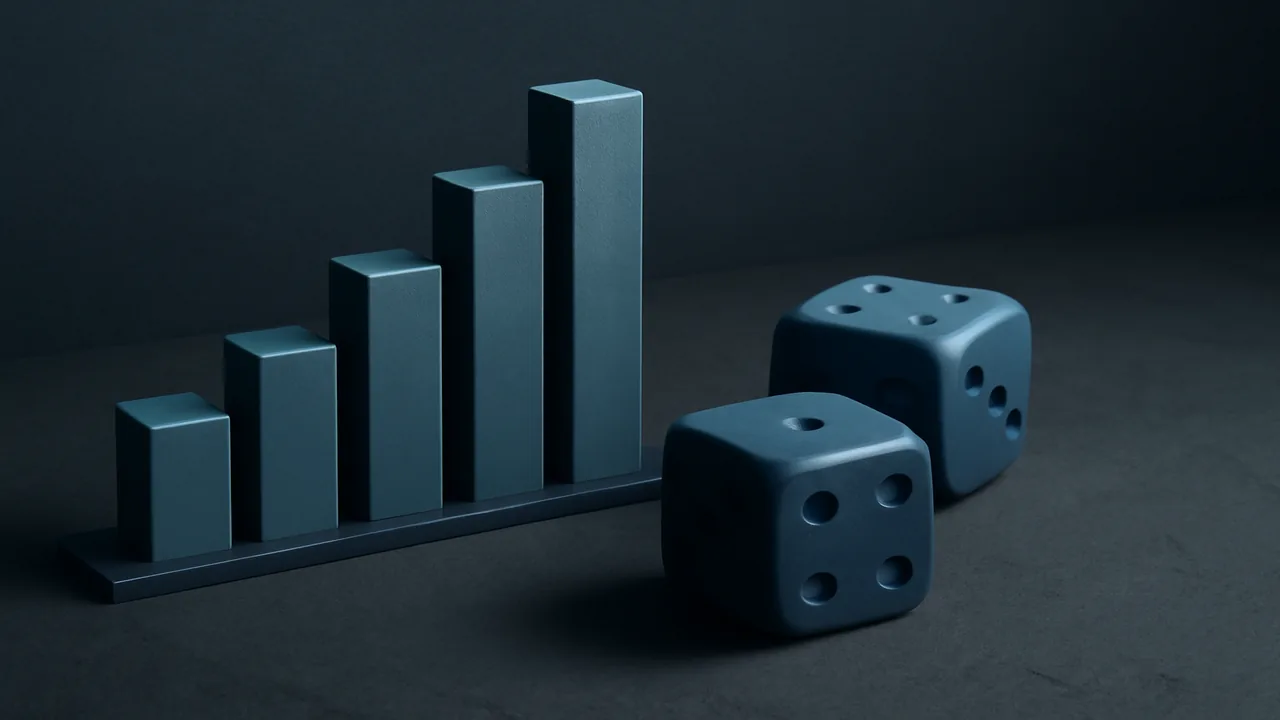 Illustration éditoriale d'un graphique statistique en barres et de dés symbolisant l'analyse chiffrée du jeu