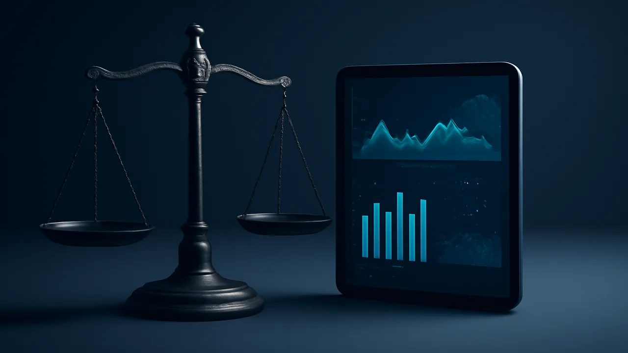 Illustration éditoriale d'une balance de justice posée à côté d'une tablette numérique, symbole du cadre légal